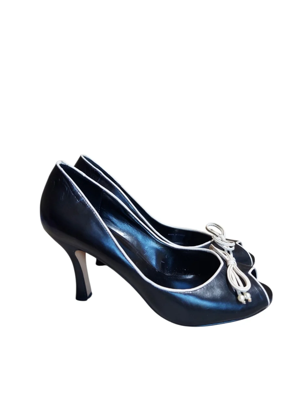 WHBM Black Cream Peep-Toe Tuxedo Pumps with Cream Pearl Bow Trim